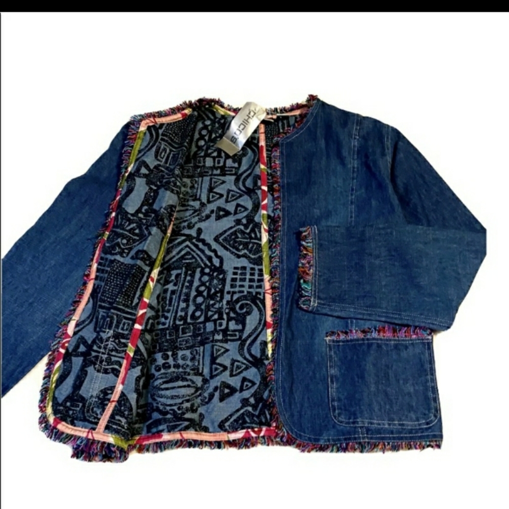 Vintage Chico’s Lightweight Denim Jacket 100% Silk Trim Size 1 or Medium